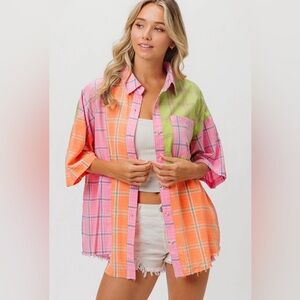 NWOT Bibi Mixed Pattern Flannel Button-Down Shirt